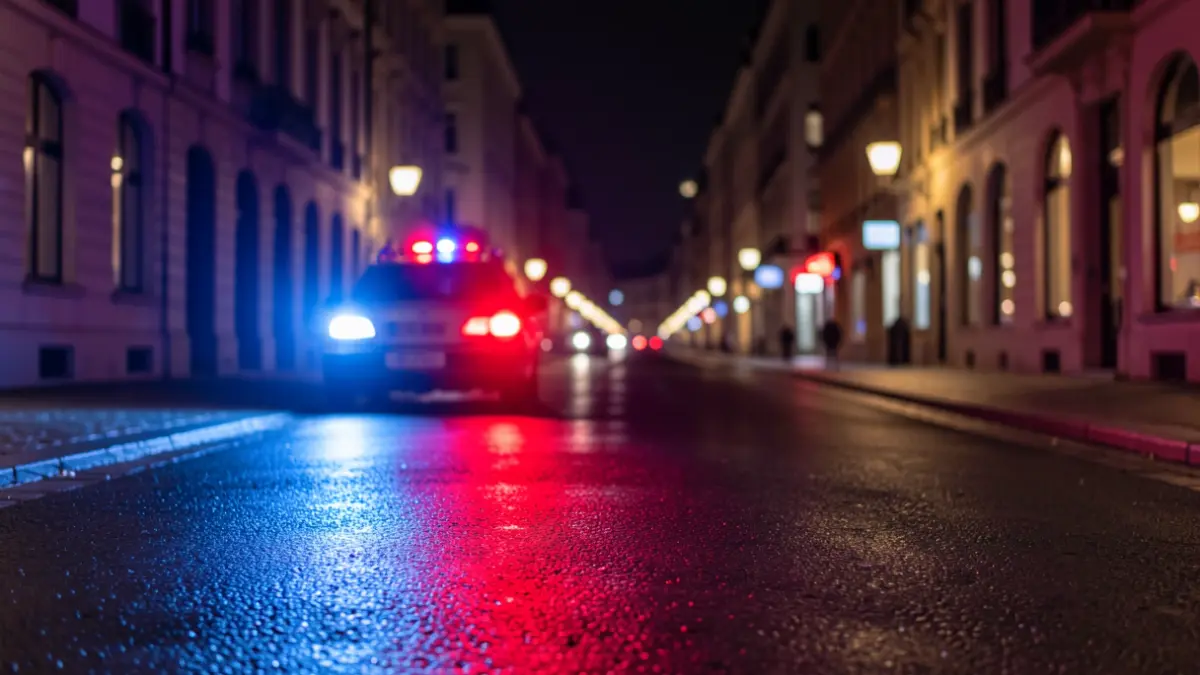 Imagen genérica de luces de emergencia policiales en asfalto mojado por la noche.