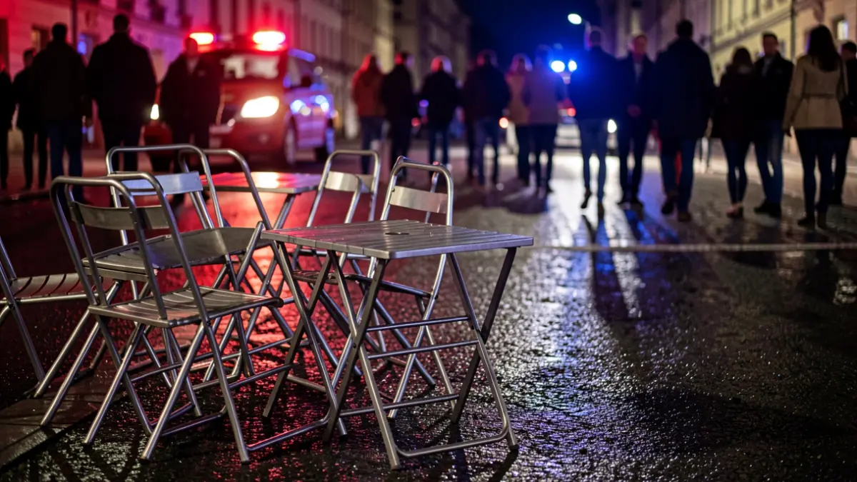 Generic image of stolen terrace furniture and emergency lights at night.
