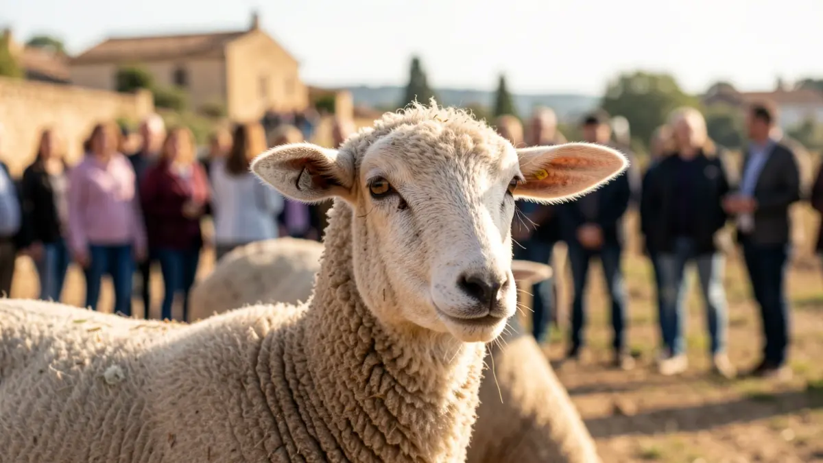 Primer plano de un cordero vivo en un entorno rural de la Comunidad de Madrid.