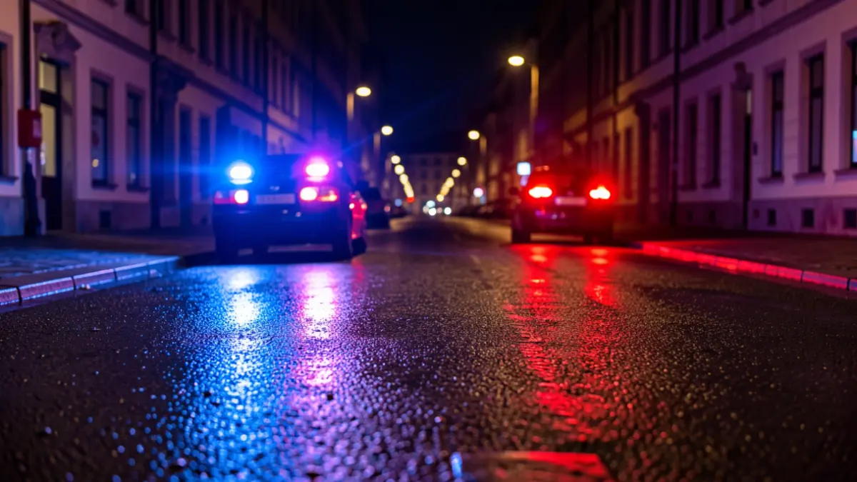 Generic image of police emergency lights reflecting on wet asphalt at night.
