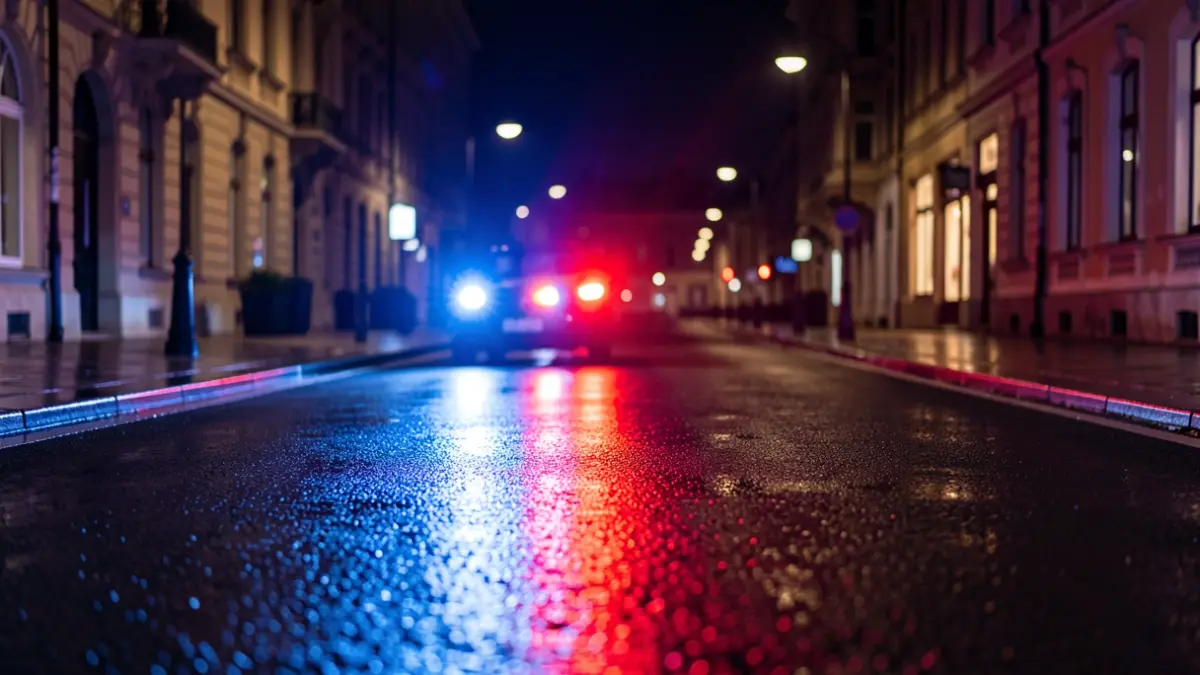 Imagen genérica de luces de emergencia policiales reflejándose en el asfalto mojado por la noche.