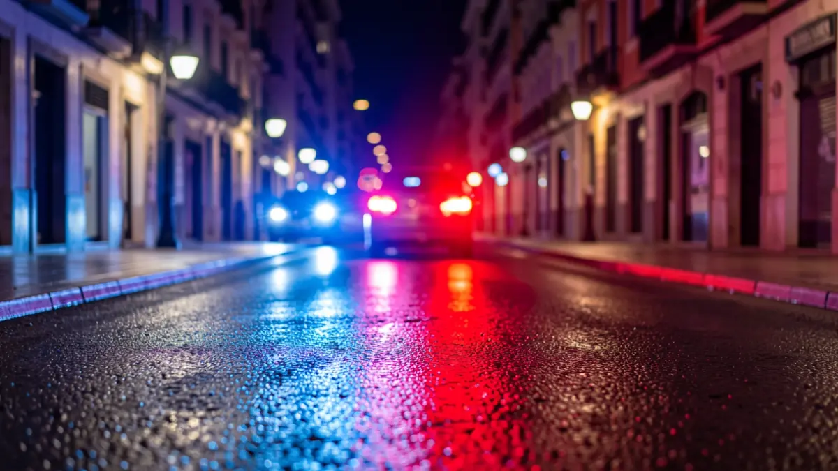 Generic image of police emergency lights reflecting on wet asphalt at night.