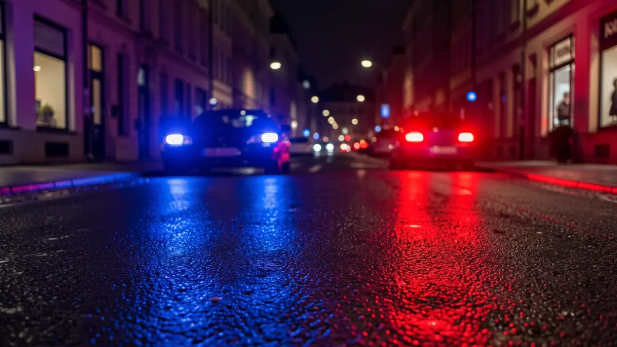 Imagen genérica de luces de emergencia policiales reflejándose en el asfalto mojado por la noche.