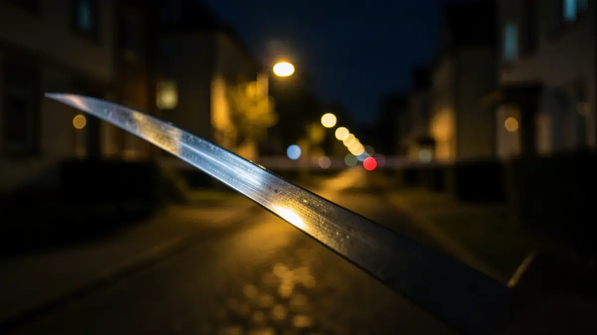 Close-up of a knife with street light reflections, in a residential area at night.