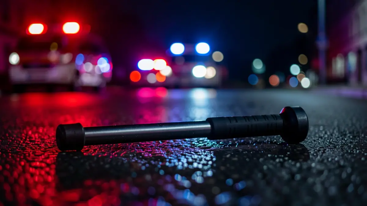 Imagen genérica de una porra de policía sobre asfalto mojado con luces de emergencia borrosas.