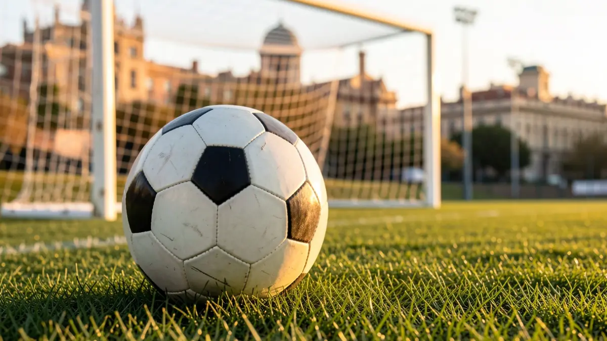 Imagen genérica de un balón de fútbol sobre césped con la red de la portería desenfocada.