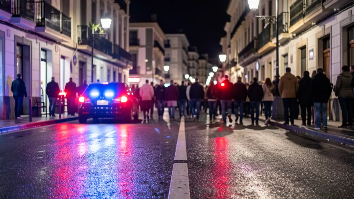 Imagen genérica de luces de emergencia policiales reflejando en asfalto mojado.