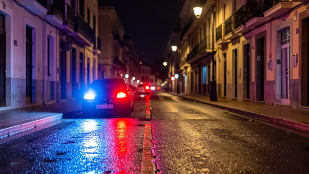 Imagen genérica de luces de emergencia policiales reflejándose en el asfalto mojado por la noche en un barrio de Madrid.