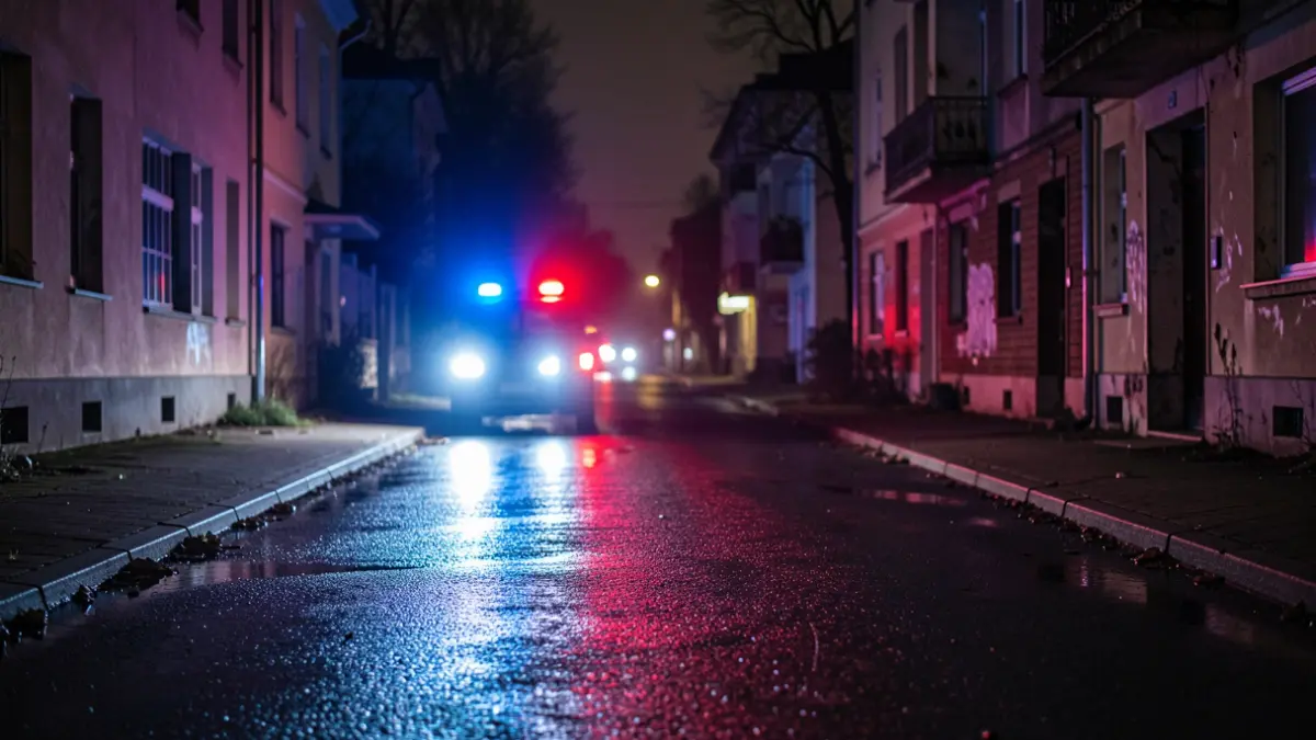 Generic image of police emergency lights reflecting on wet asphalt at night.