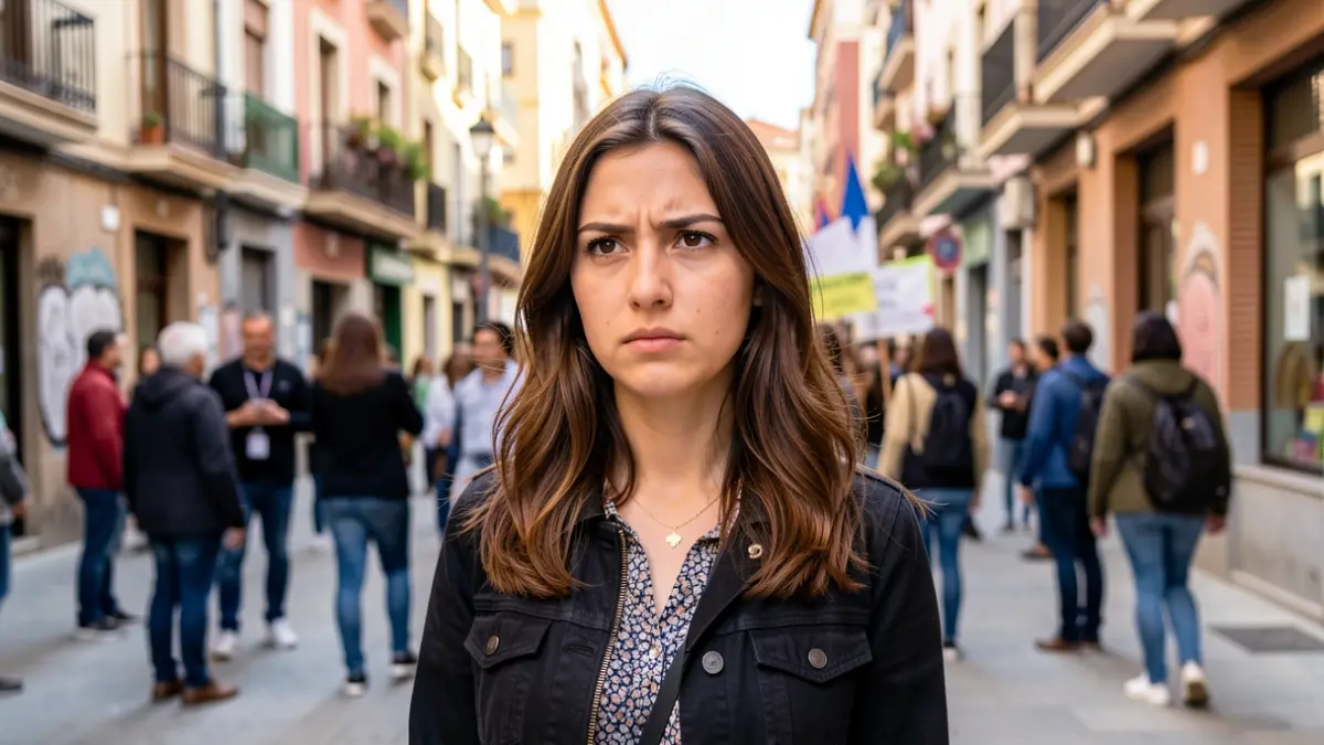 Image of a young female politician in a Madrid neighborhood.