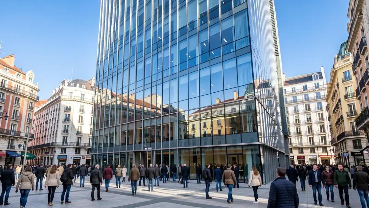 Fachada de un moderno edificio de oficinas en Madrid.