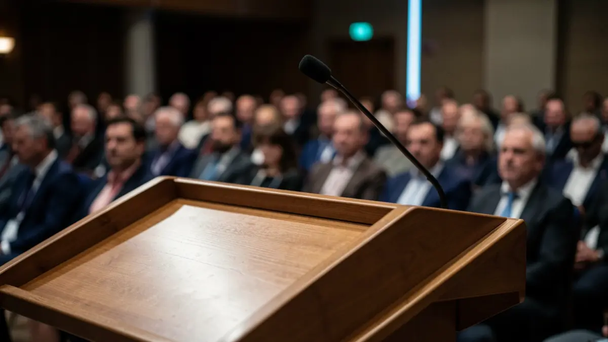 Generic image of a podium with a microphone in a conference room.