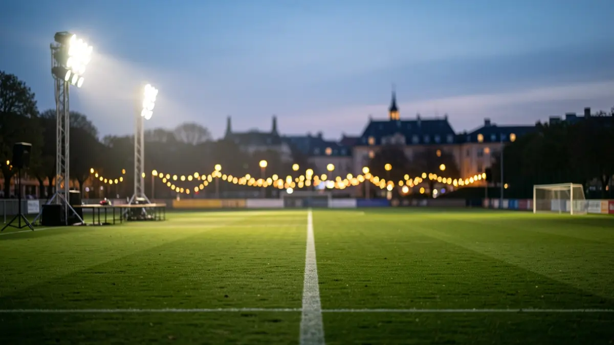 Football field in San Sebastián de los Reyes prepared for a night concert.
