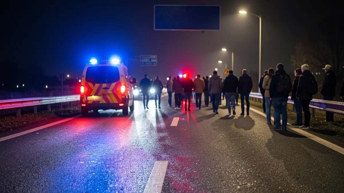 Generic image of emergency lights reflecting on wet asphalt at night.