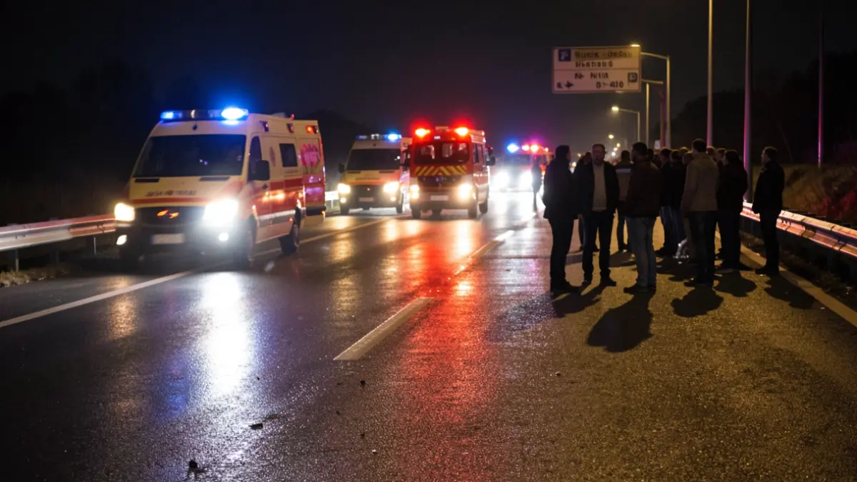Generic image of ambulance and fire truck emergency lights on a highway at night.