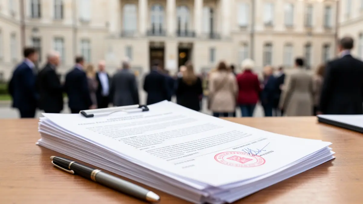 Official documents with a stamp and a pen on a desk.