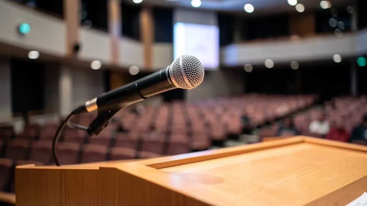 Generic image of a microphone on a podium in an auditorium.