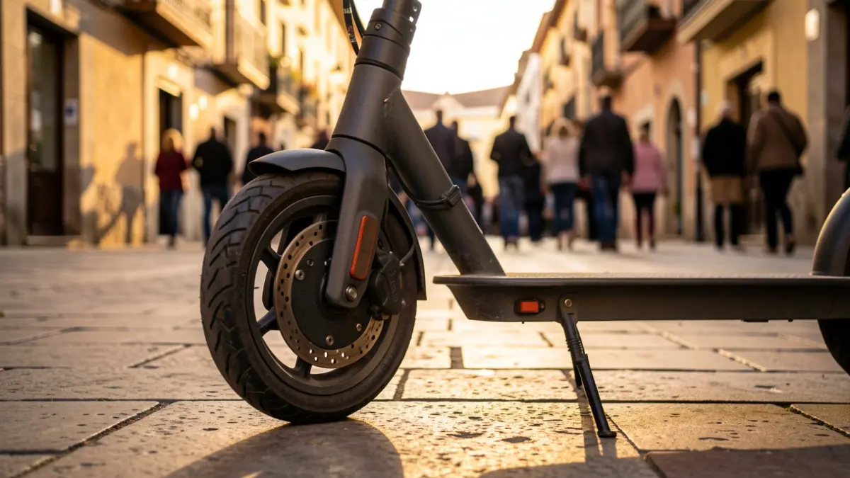 Imagen genérica de un patinete eléctrico aparcado en una calle de España al atardecer.