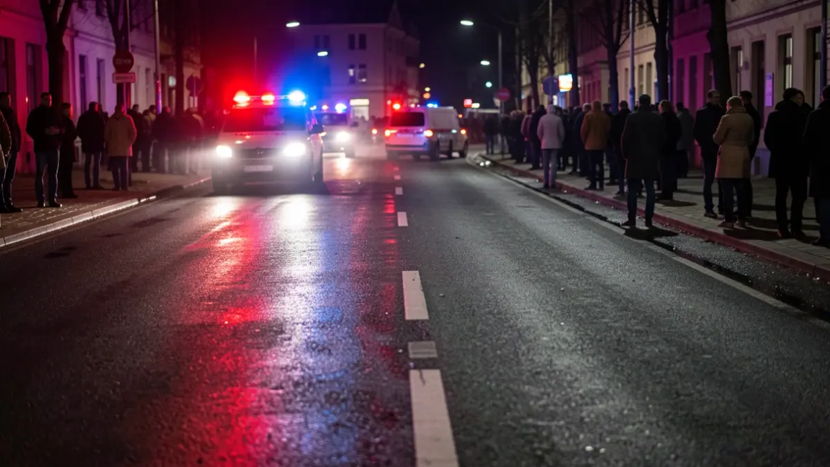 Generic image of emergency lights reflecting on wet asphalt at night.