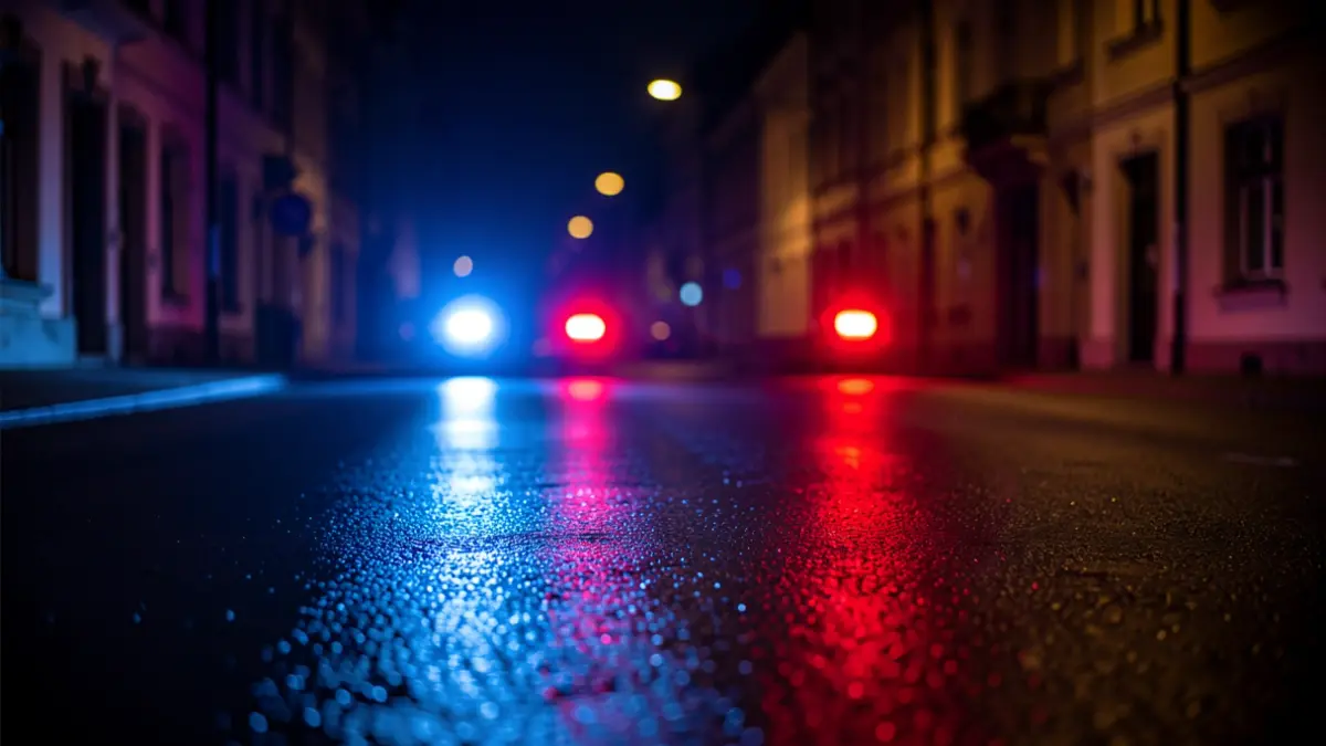 Generic image of emergency lights reflecting on asphalt at night.