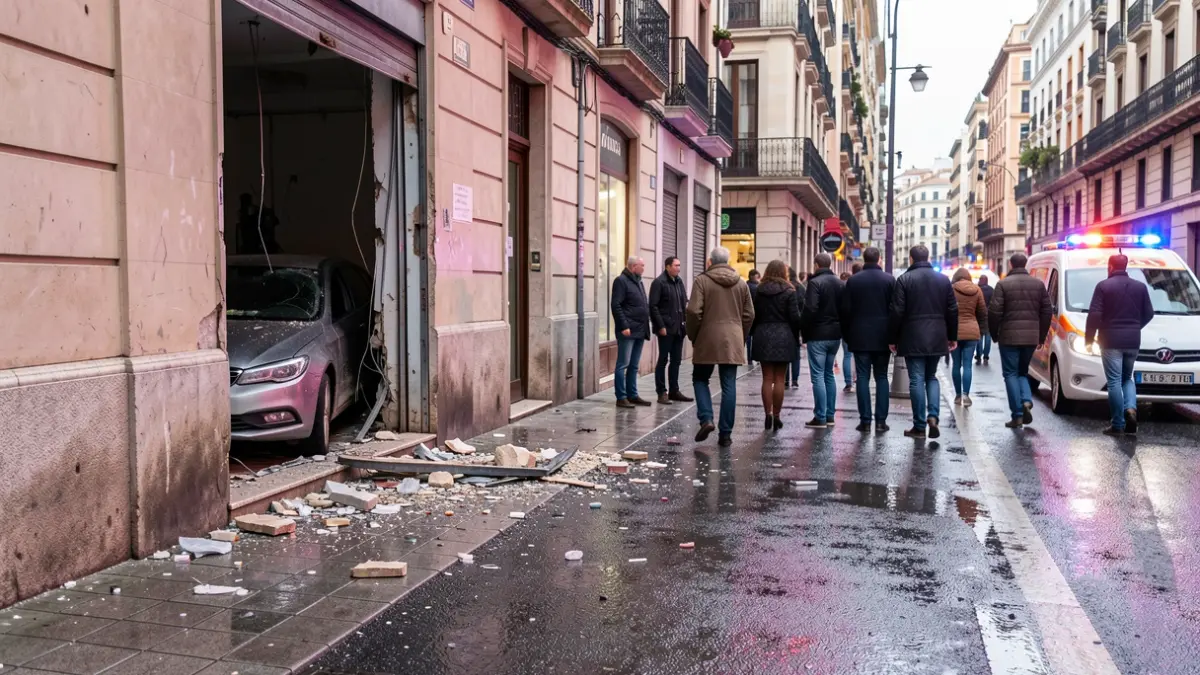 Image of a car crashed into the facade of a herbalist shop in Madrid following an accident.