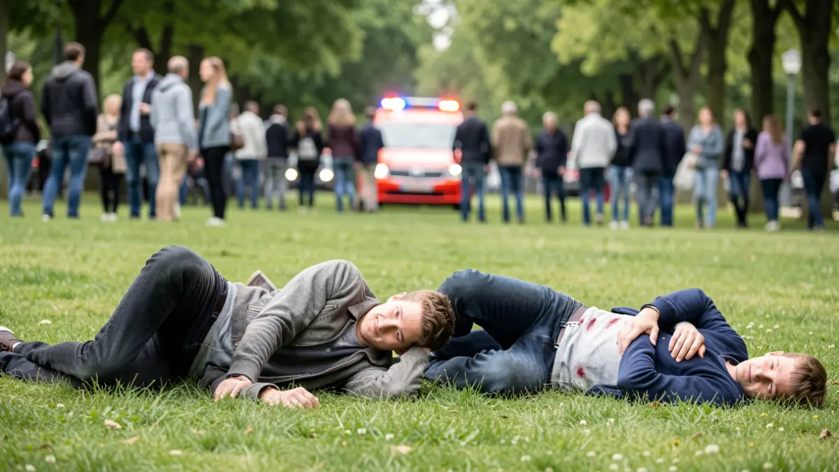 Imagen genérica de dos jóvenes heridos en un parque con luces de emergencia.