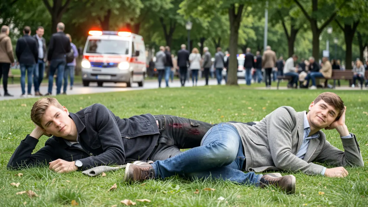 Imagen genérica de dos jóvenes heridos en un parque con luces de emergencia.