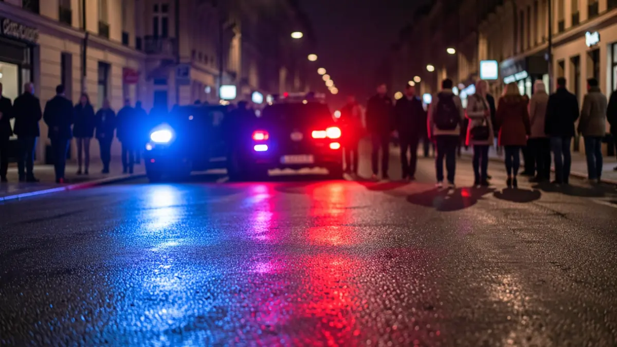 Imagen genérica de luces de emergencia policiales reflejándose en el asfalto mojado por la noche.