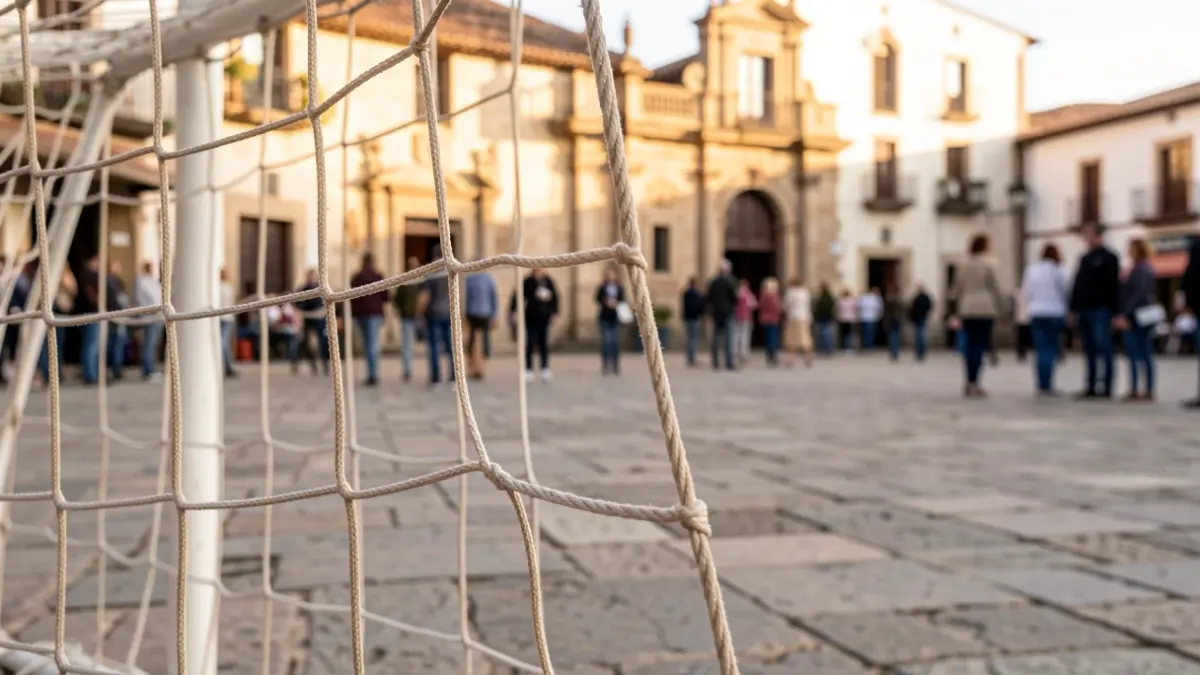Generic image of a soccer goal in a Madrid plaza with the town hall in the background.