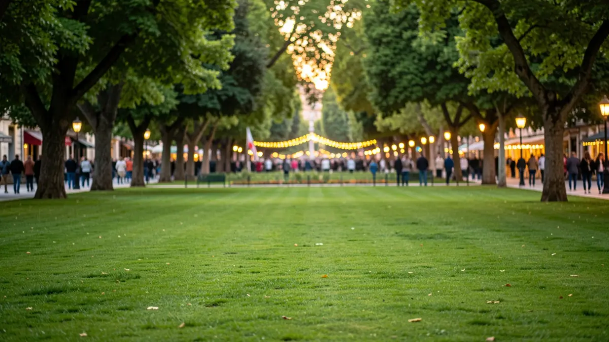 Generic image of an urban park in Madrid with trees and grass, featuring blurred festive lights in the background.