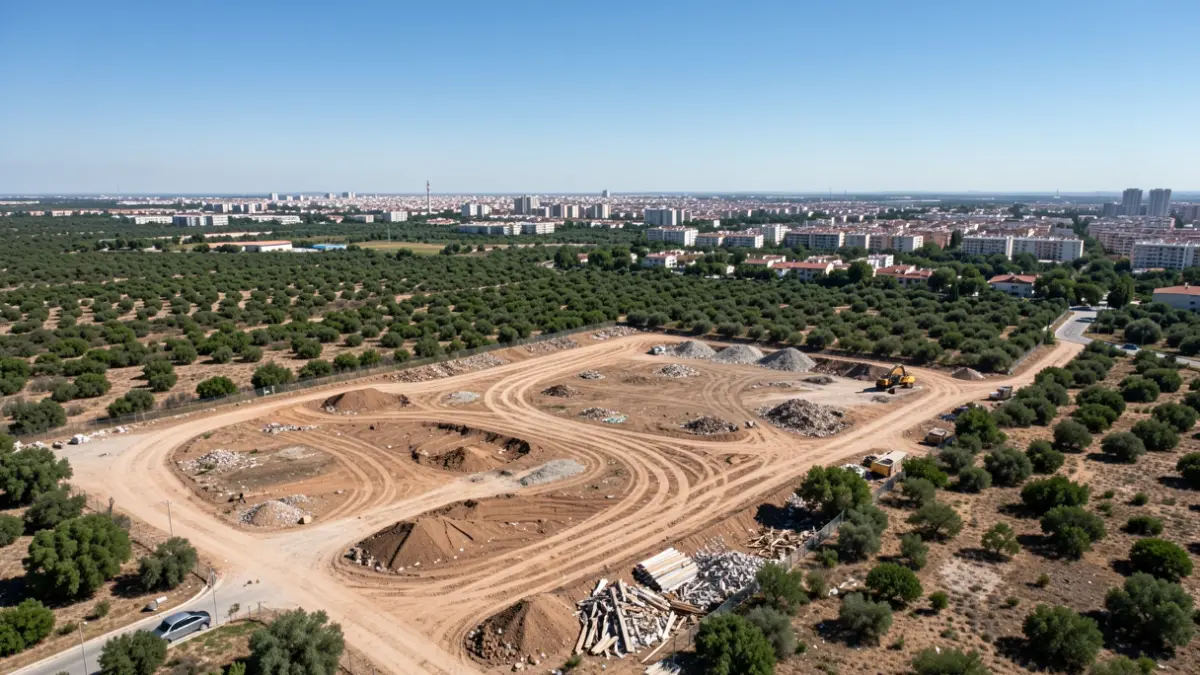 Aerial view of an area in Alcorcón with earthmoving work and debris.
