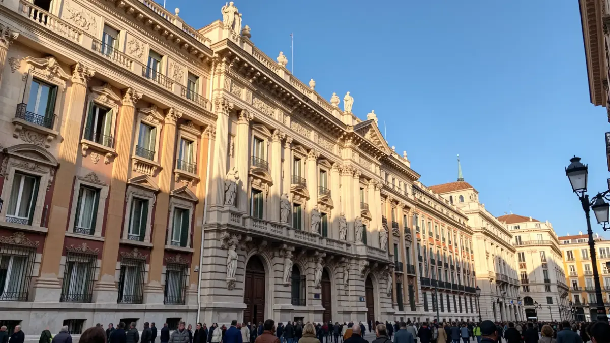 Fachada de un edificio histórico en Madrid con detalles arquitectónicos ornamentados, luz cálida de la tarde, cielo azul.