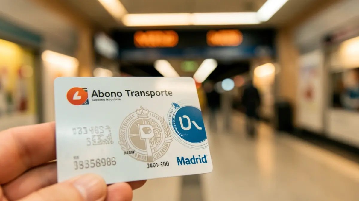 Primer plano de una Tarjeta de Transporte Público de Madrid con el fondo desenfocado de una entrada de Metro.
