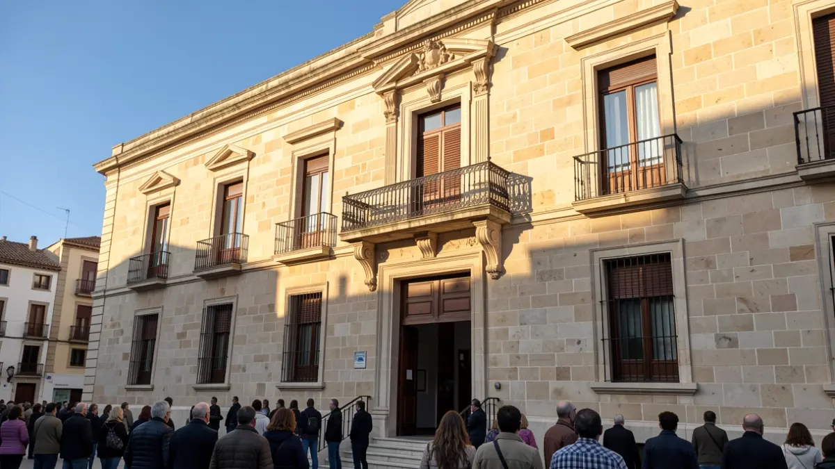 Fachada del Ayuntamiento de Leganés con balcón y barandillas de hierro, bajo la luz del sol de la tarde.
