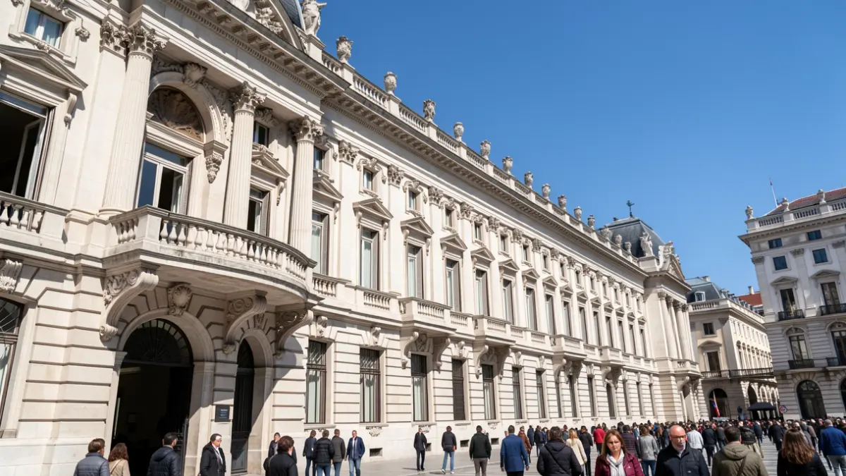 Facade of the Palacio de Cibeles in Madrid during a sunny day.