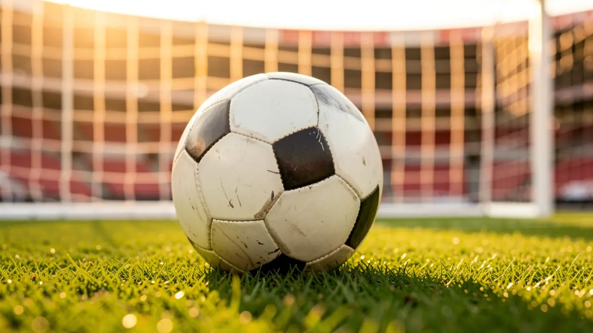 Generic image of a football on grass with a blurred goal net in the background.