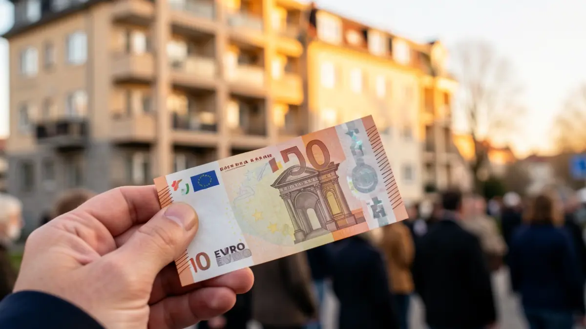 Billetes de euro y un edificio de apartamentos borroso.