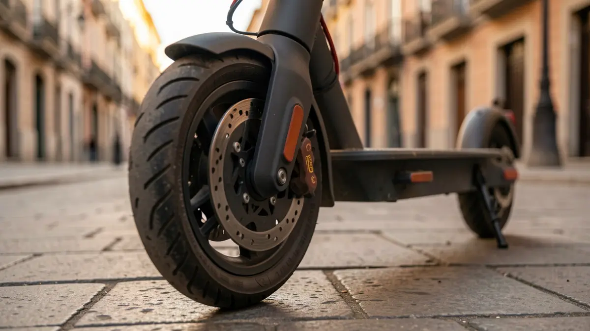 Close-up of an electric scooter wheel parked on a Madrid sidewalk with urban architecture in the background.