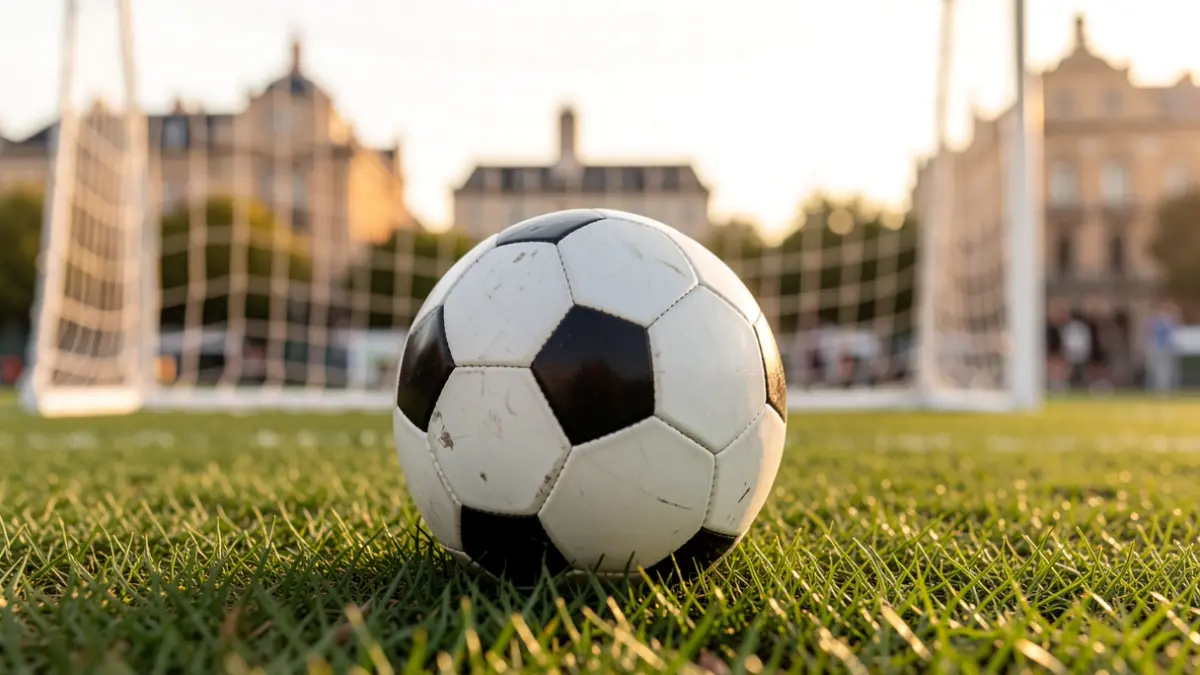 Close-up of a soccer ball on grass with the goal net blurred in the background.