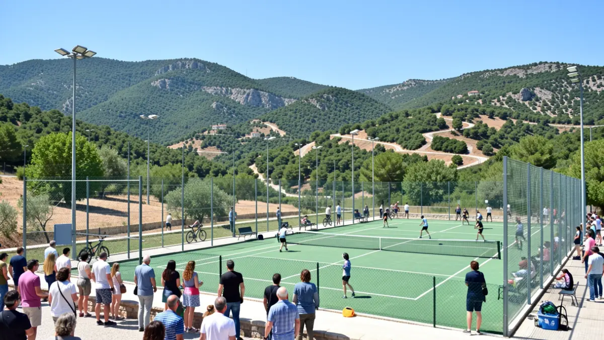 Instalaciones deportivas en la Sierra de Madrid con pistas de pádel y senderos de montaña.