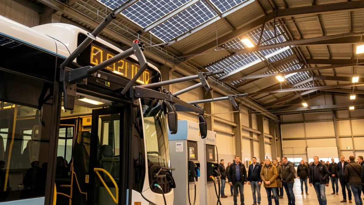 Electric bus charging station at the EMT depot in Madrid.