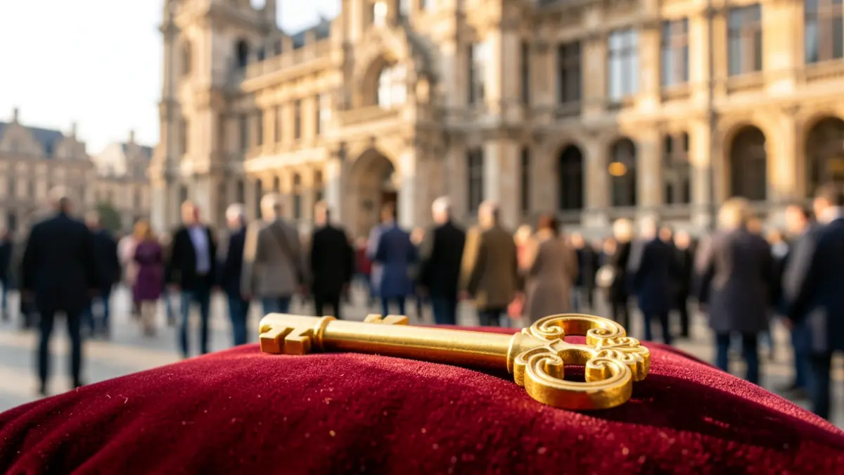 Image of the Golden Key of the City of Madrid on a ceremonial cushion.