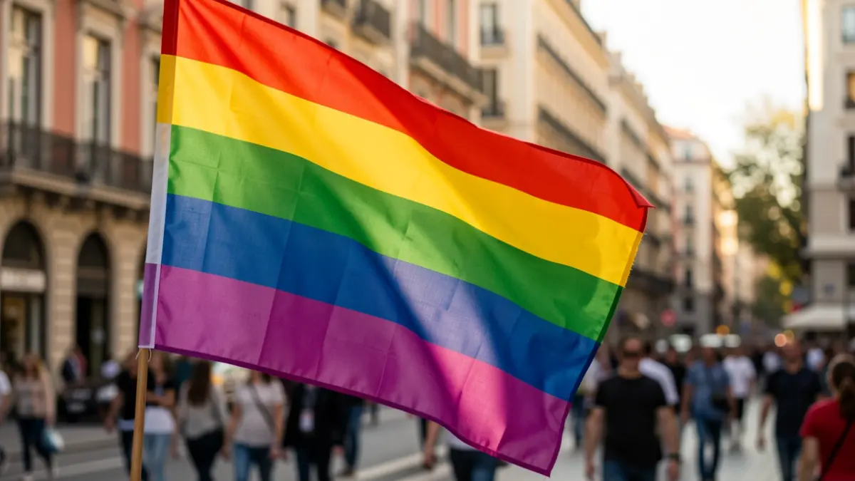 Generic image of Madrid's Gran Vía with a rainbow flag.