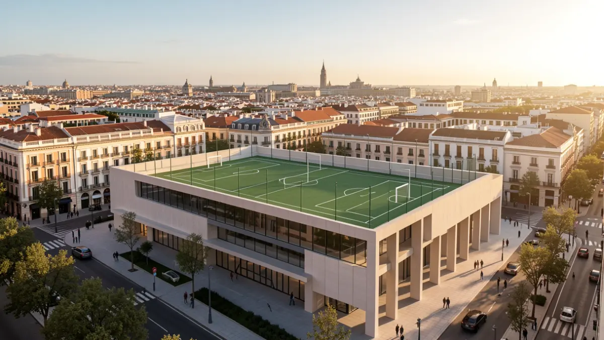 Representación arquitectónica del futuro centro de mayores y pista deportiva en Madrid.