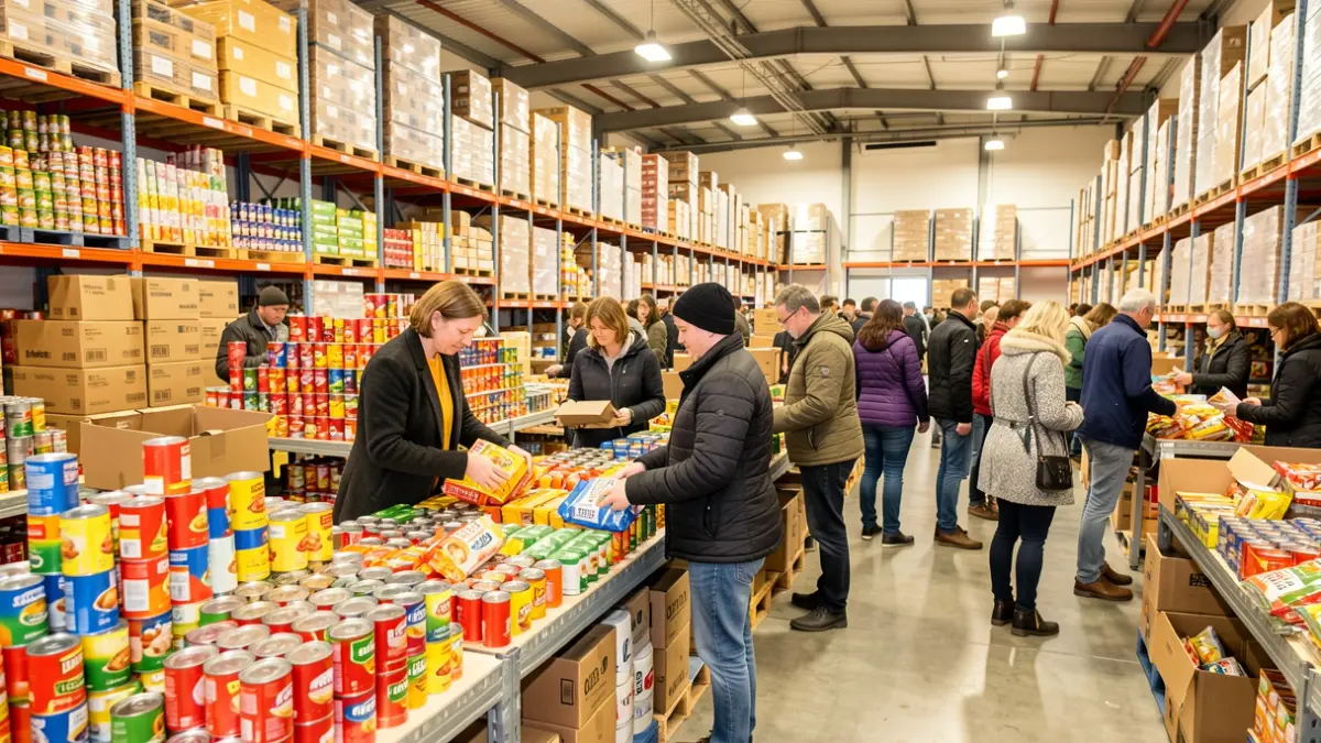 Imagen genérica de voluntarios organizando alimentos no perecederos en un almacén.