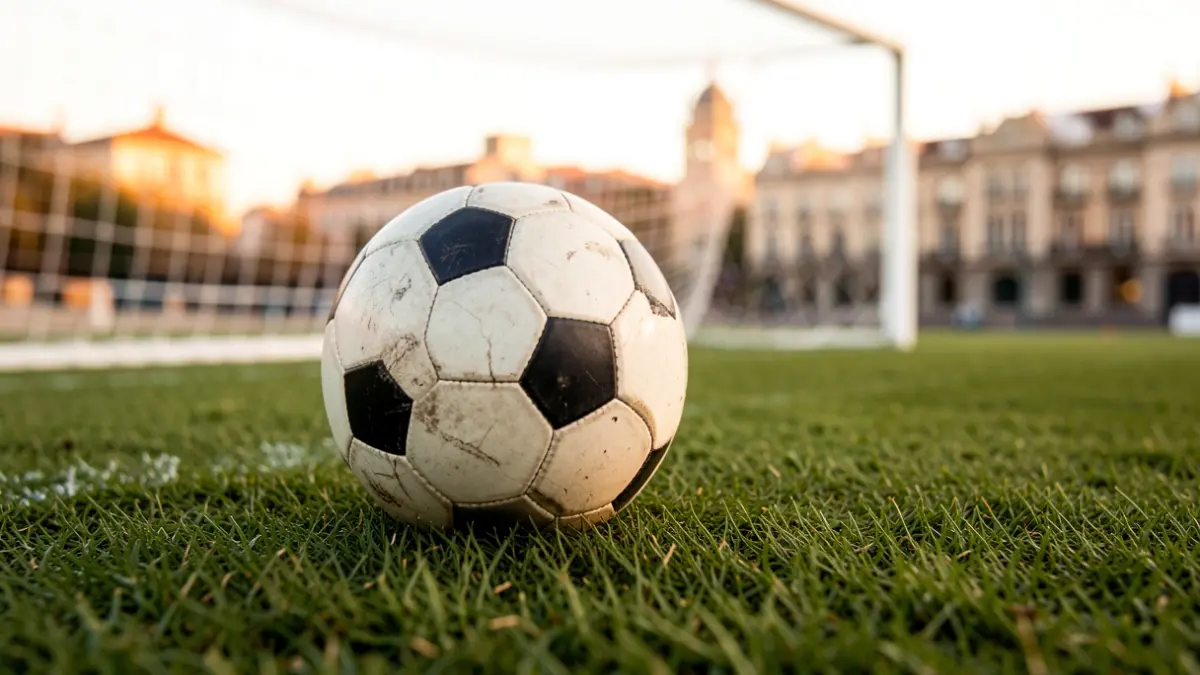 Imagen genérica de un balón de fútbol sobre césped con la red de la portería desenfocada.
