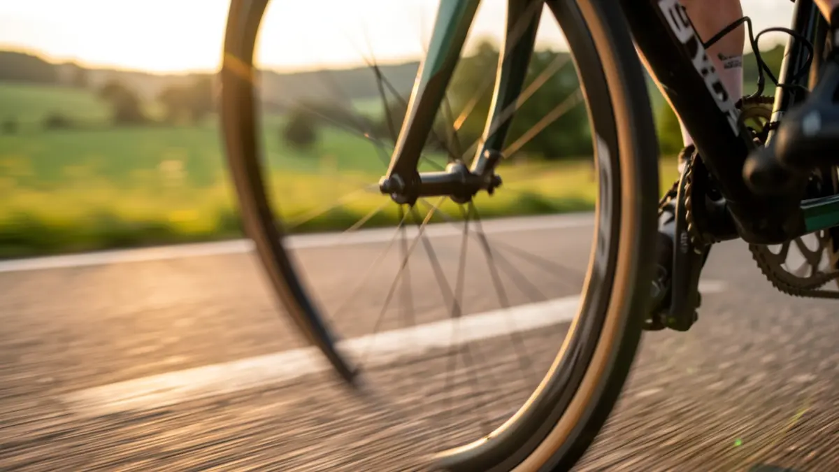 Close-up of a moving racing bicycle wheel.