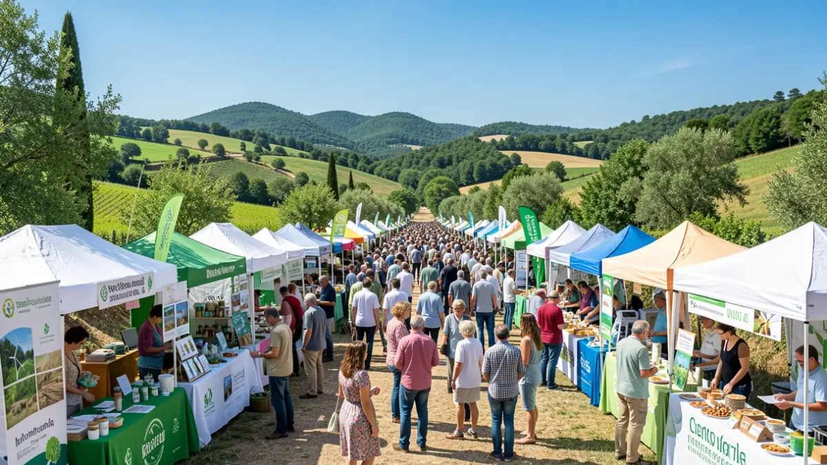 Generic image of an environmental fair with stalls for sustainable products and renewable energy.