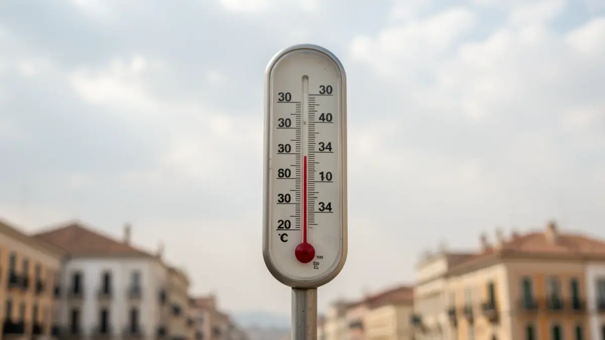 Termómetro mostrando altas temperaturas con cielo nublado y calima.