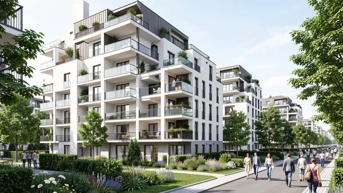 Fachada de un edificio residencial moderno con balcones y zonas ajardinadas en un nuevo desarrollo urbano.